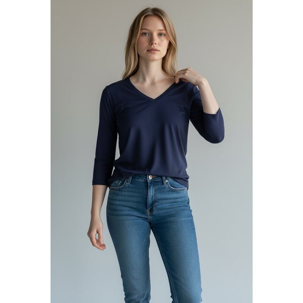 Judy P Women's V-Neck Top Size L Navy Blue Microfiber Stretch Office Travel USA